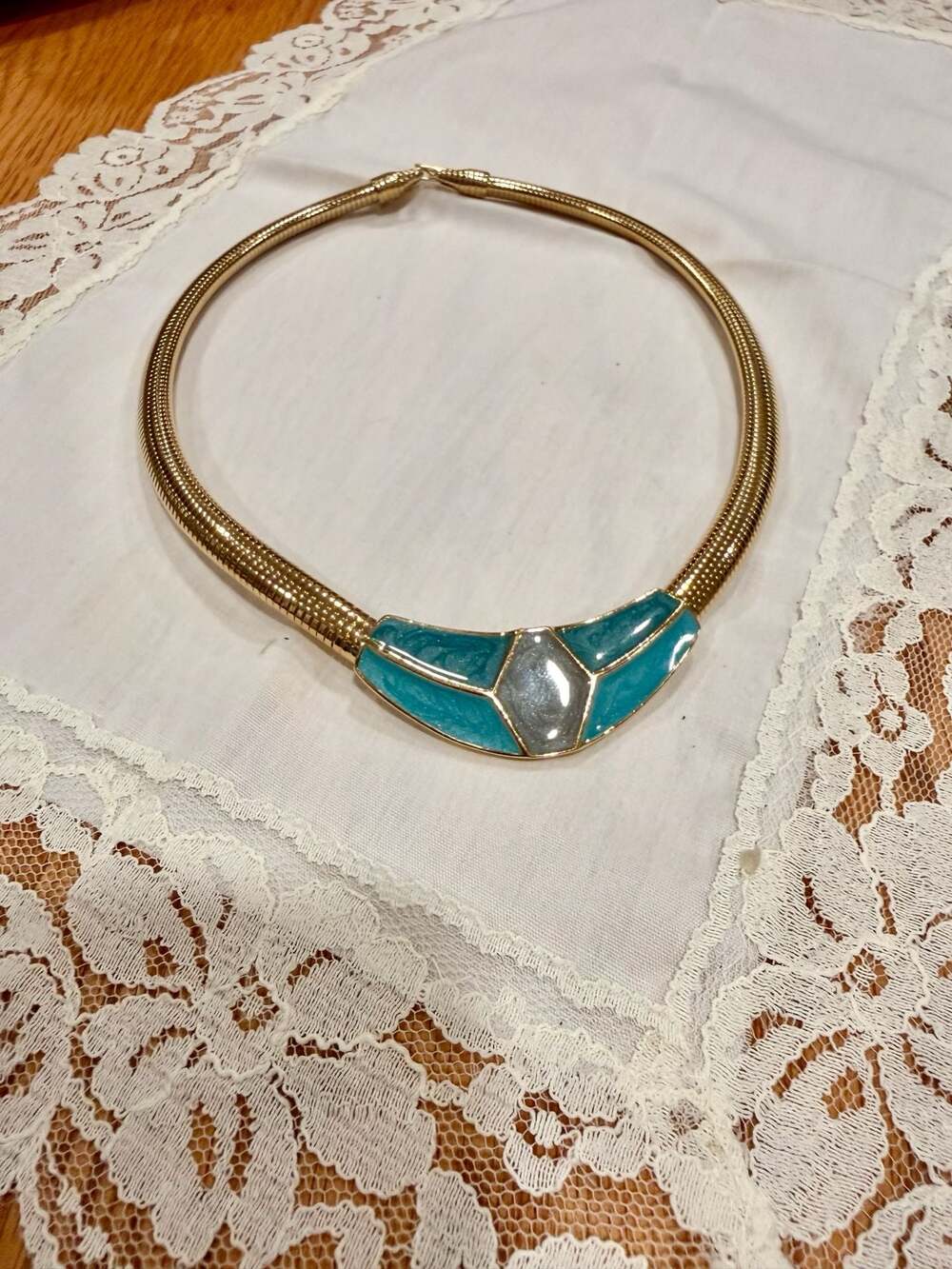 Vintage Trifari Gold Tone Snake Chain Necklace with Teal and Grey Enamel